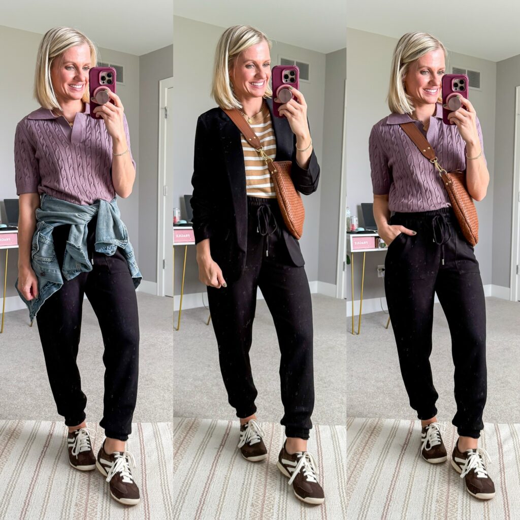 fall 2025 capsule wardrobe for moms three outfit ideas with black joggers and sweaters