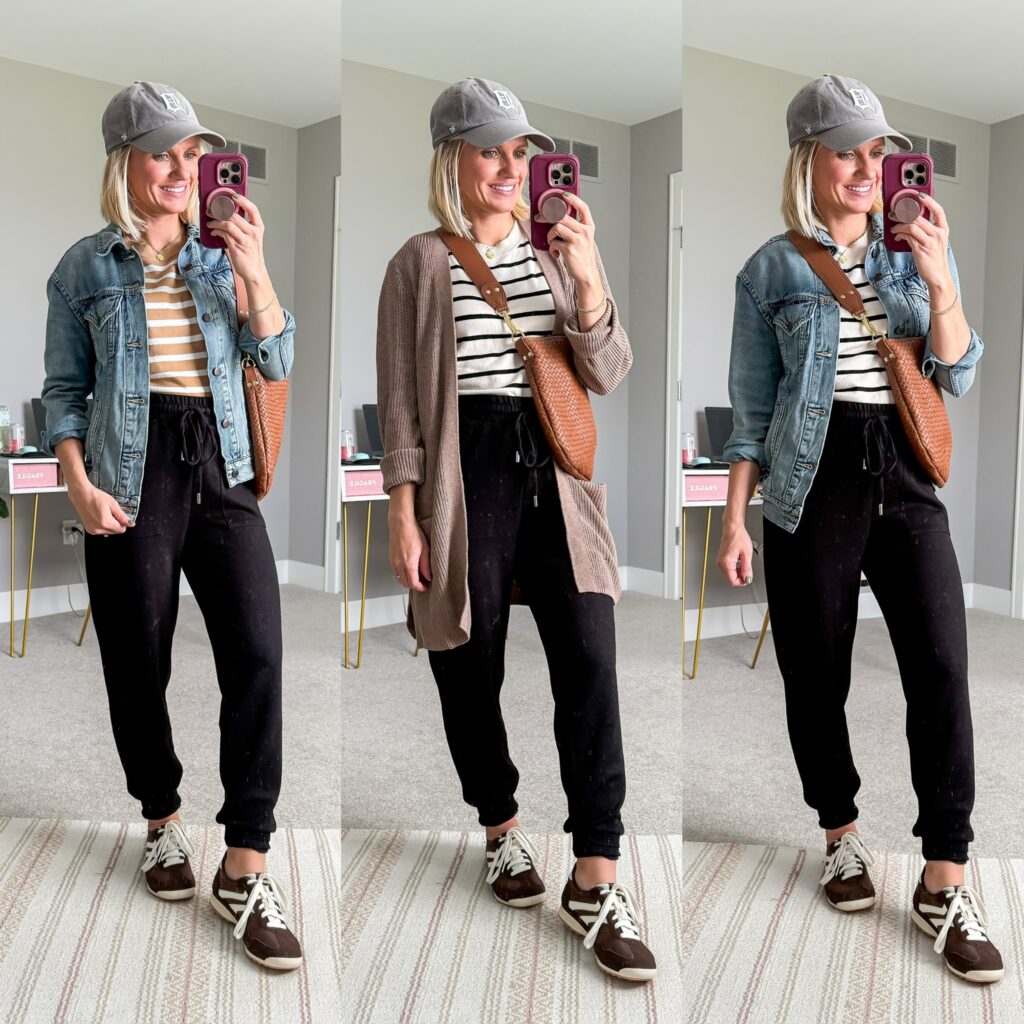 fall 2025 capsule wardrobe for moms three outfit ideas with baseball hat