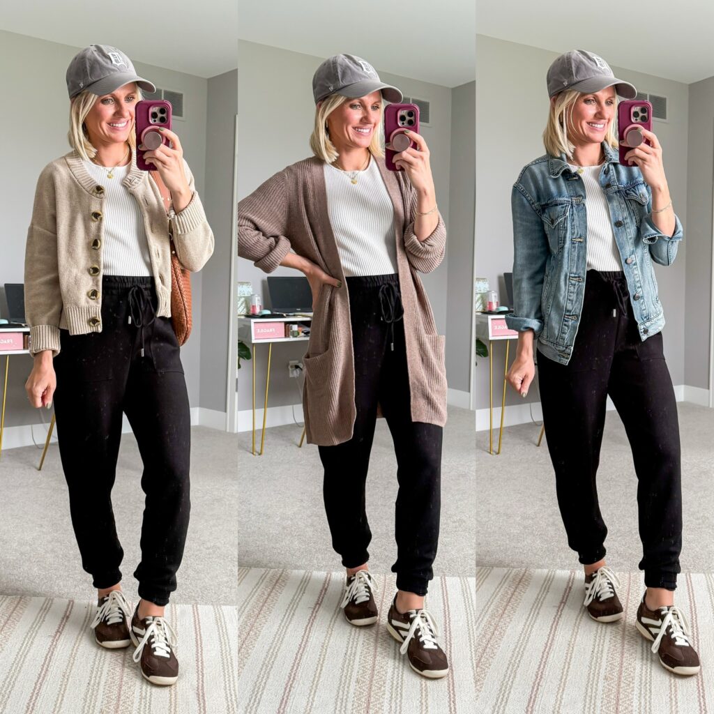 fall 2025 capsule wardrobe for moms three outfit ideas with black joggers
