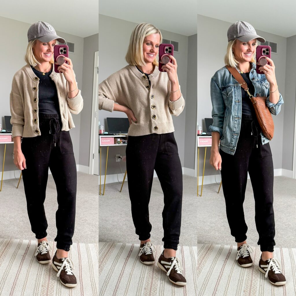 fall 2025 capsule wardrobe for moms three outfit ideas with joggers