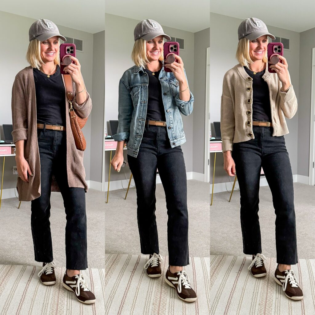 fall 2025 capsule wardrobe for moms three outfit ideas with black jeans