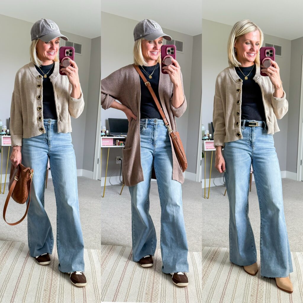 fall capsule wardrobe three outfits with cardigans