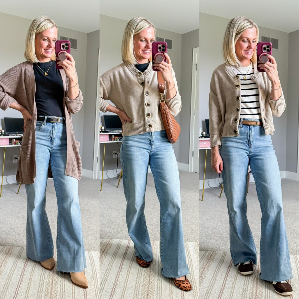 fall capsule wardrobe three outfits with jeans and cardigans