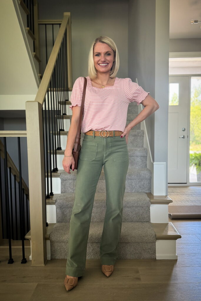 how to wear full-length green pants outfit idea with striped short sleeved top and heels