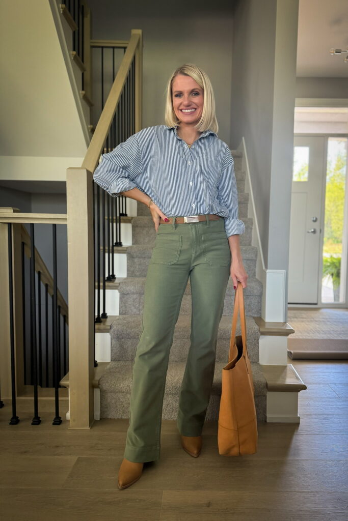 full-length green pants outfit with striped button down shirt