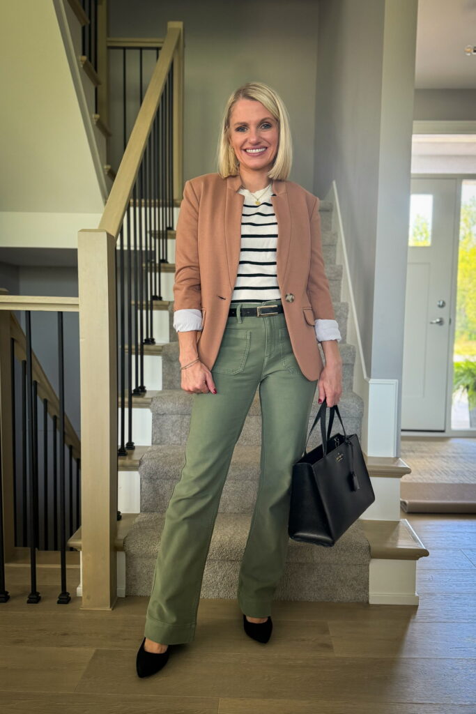 how to wear full-length green pants for fall workwear outfit inspo with tan blazer