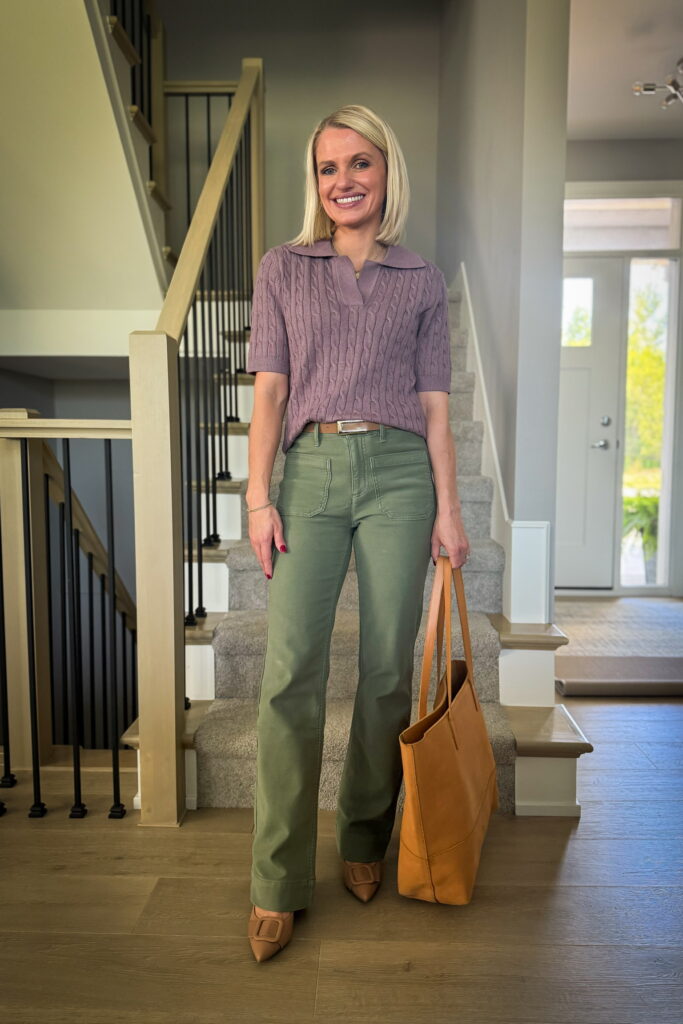 how to wear full-length green pants outfit idea with short sleeved sweater