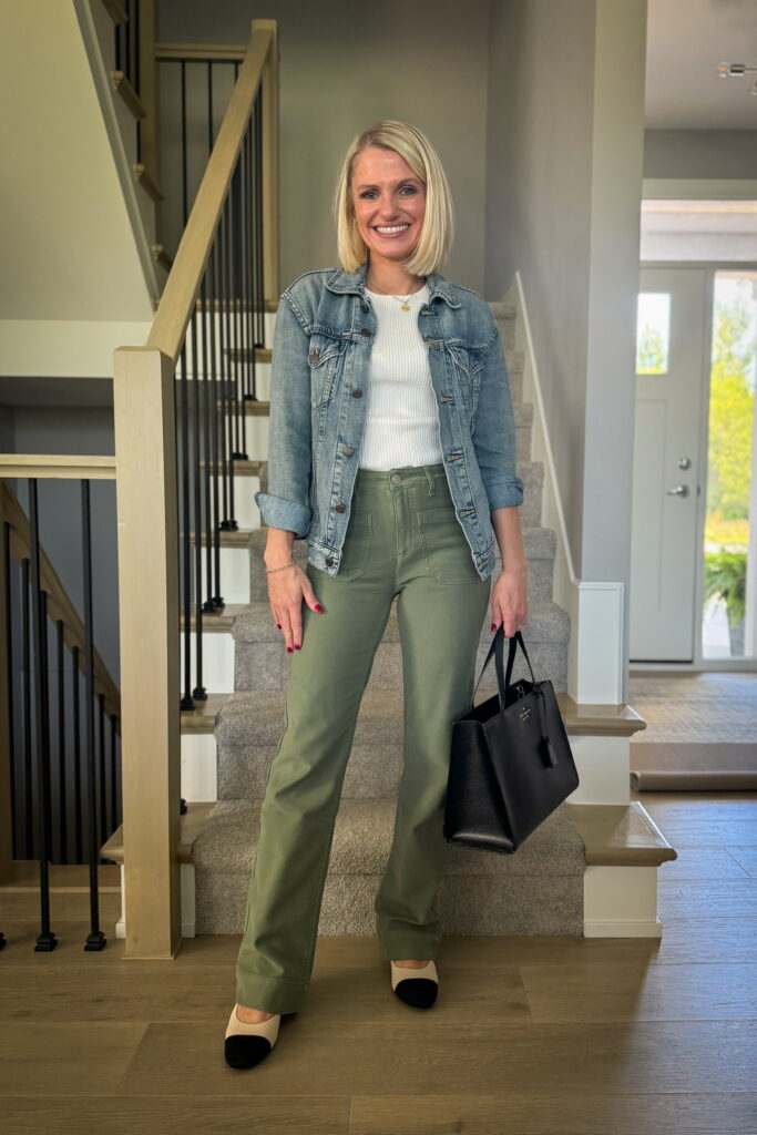 full length green pants outfit idea with denim jacket