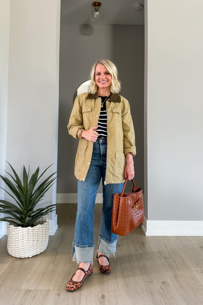 how to wear a barn jacket for fall outfit idea with leopard flats