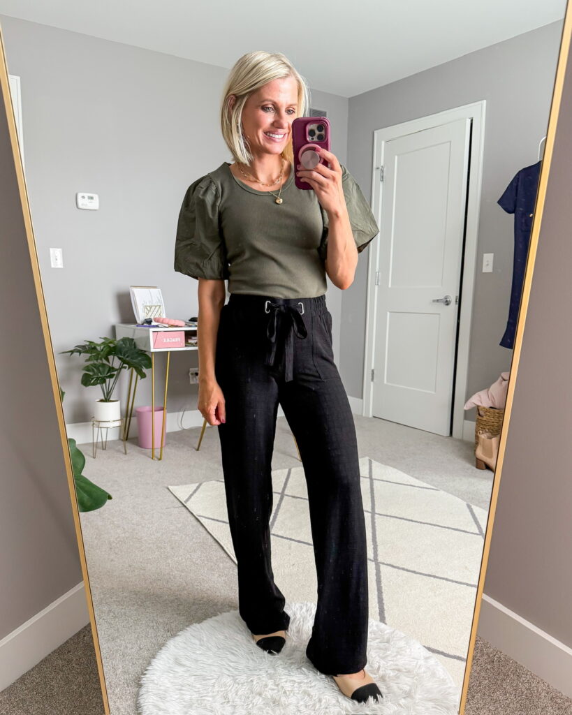 preschool teacher outfits for fall black pants and green blouse outfit