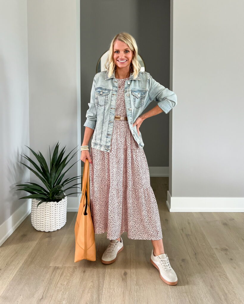 Preschool teacher outfit idea with a dress, denim jacket and sneakers