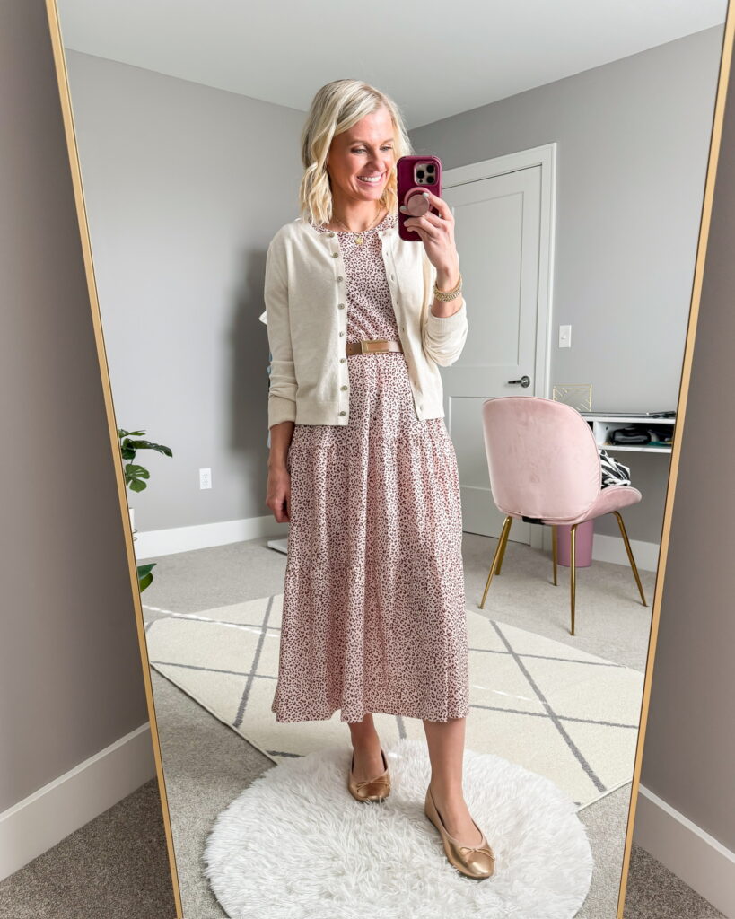 Dress with a cardigan and gold ballet flats