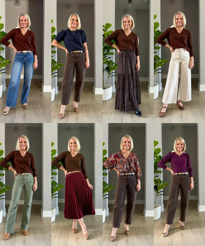 how to wear chocolate brown pants and sweater