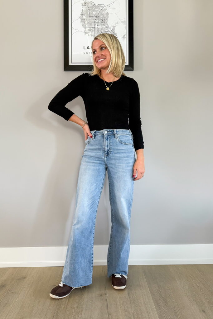 What Shoes to Wear with Wide Leg Jeans when you are petite outfit idea with tennis shoes