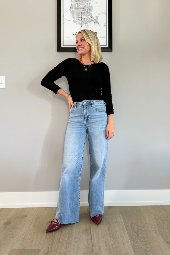 What Shoes to Wear with Wide Leg Jeans for Petites with burgundy shoes