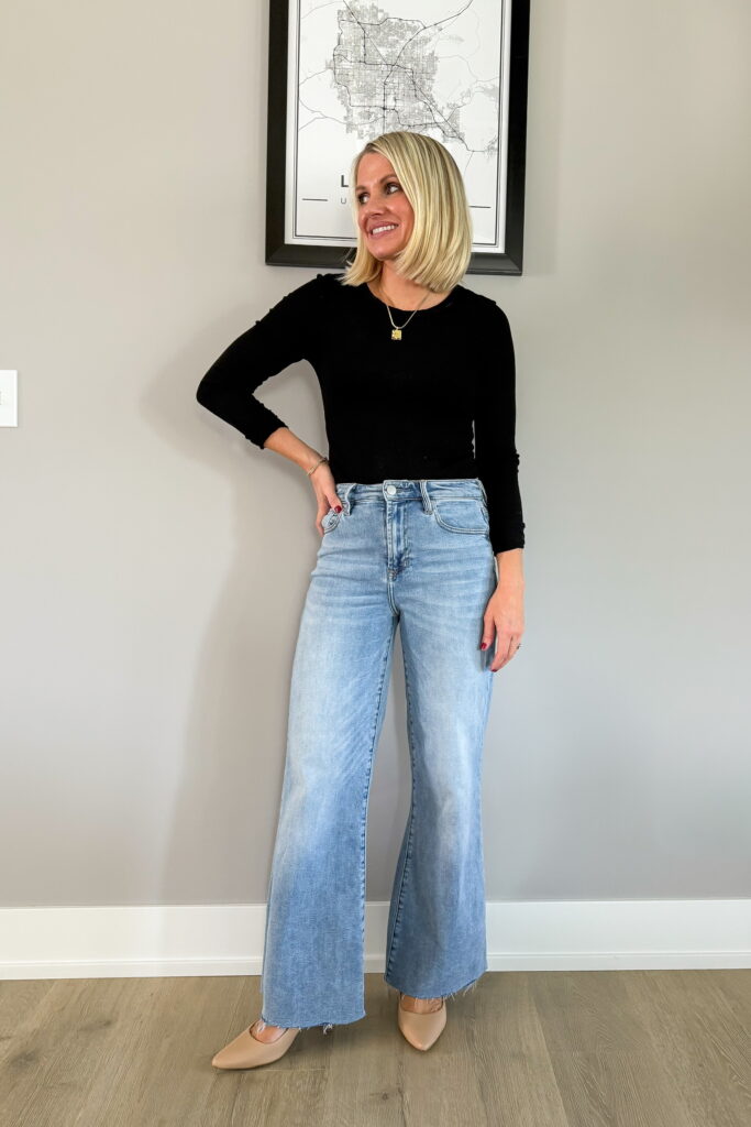 What Shoes to Wear with Wide Leg Jeans for Petites tan pumps
