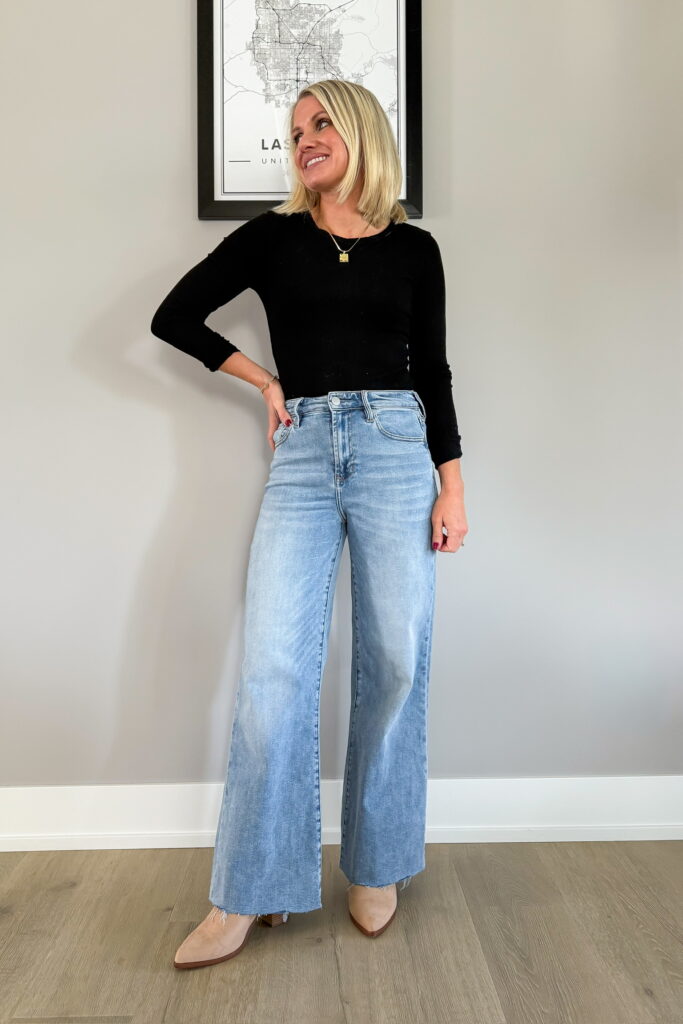What Shoes to Wear with Wide Leg Jeans for Petites outfit idea with tan boots