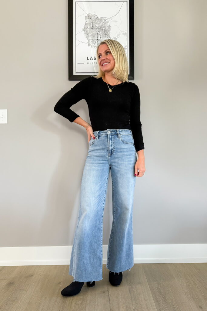 What Shoes to Wear with Wide Leg Jeans for Petites outfit idea with heeled boots