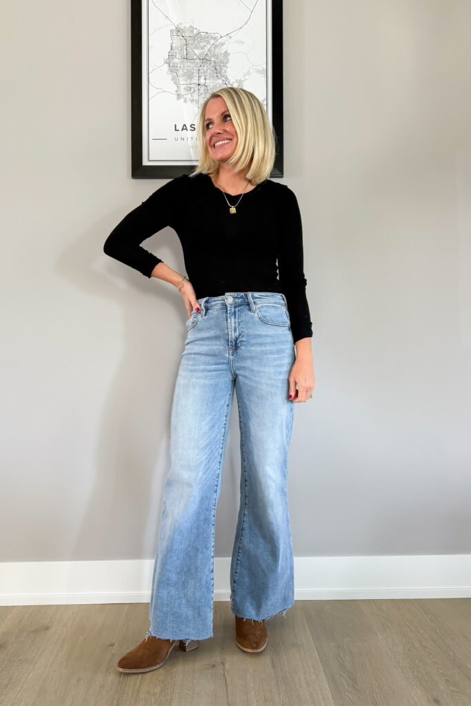 What Shoes to Wear with Wide Leg Jeans for Petites outfit idea with boots