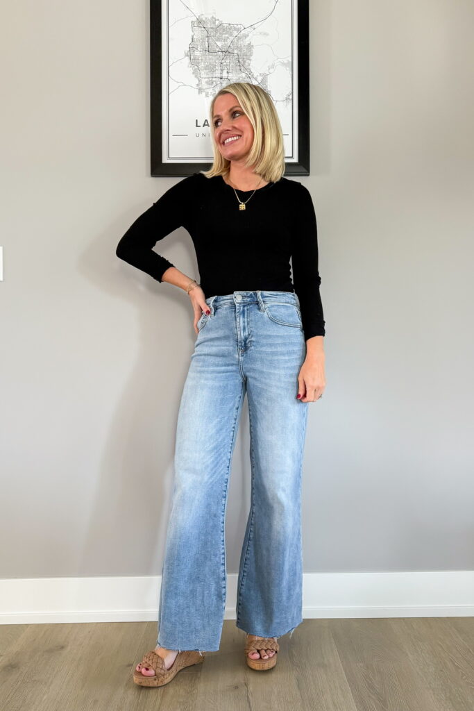 What Shoes to Wear with Wide Leg Jeans when you are Petite, outfit idea with wedges