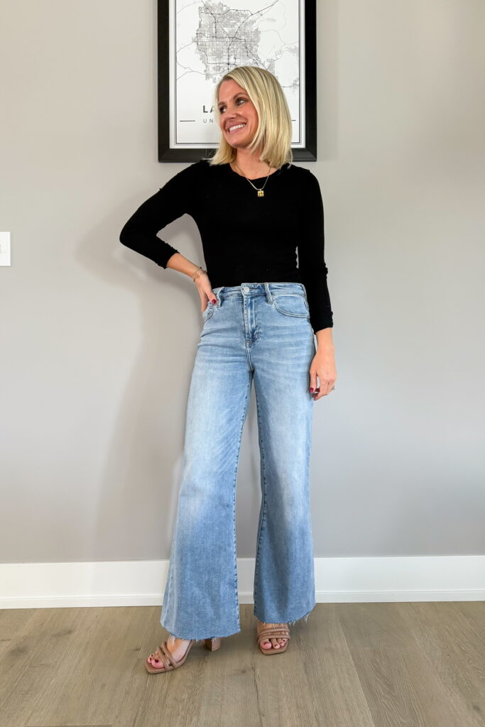 What Shoes to Wear with Wide Leg Jeans for Petites outfit idea with strappy heels