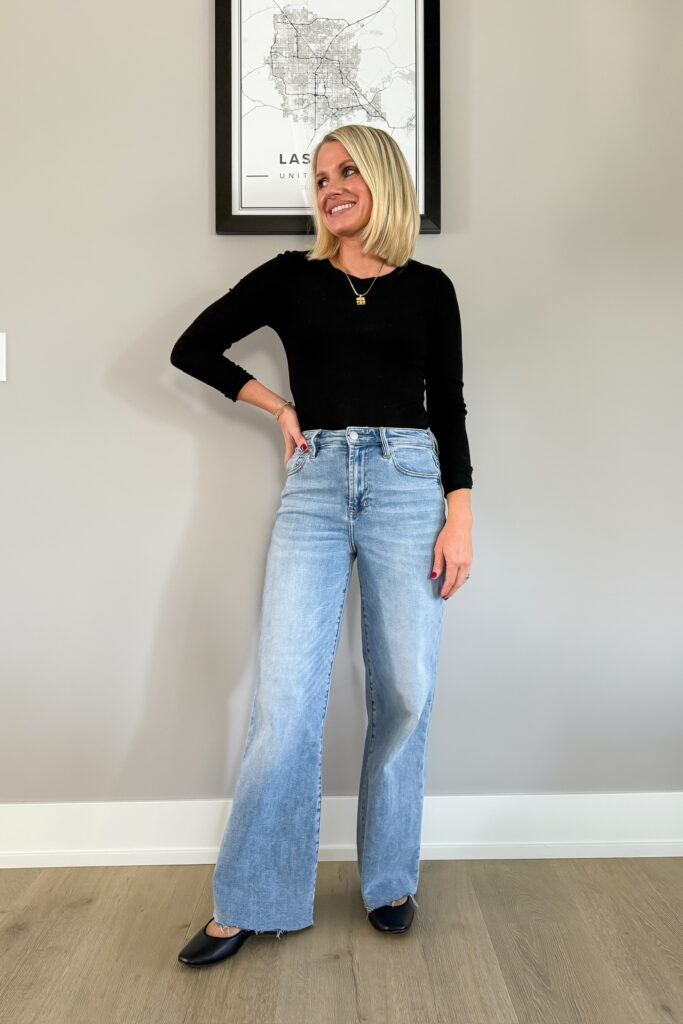 What Shoes to Wear with Wide Leg Jeans for Petites outfit idea with black shoes
