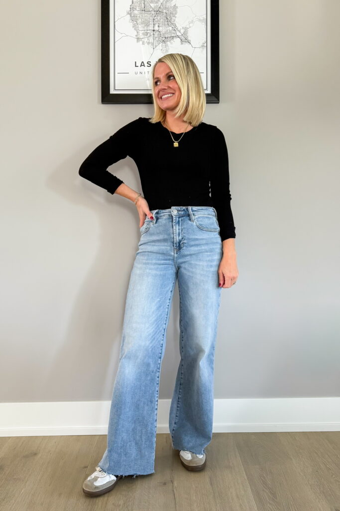 What Shoes to Wear with Wide Leg Jeans for Petites outfit idea with sambas