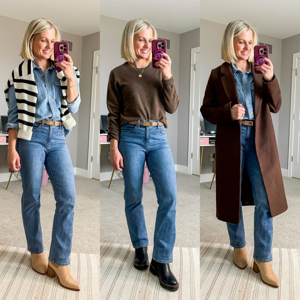 Mom Winter Capsule Wardrobe three outfit ideas with tan belt and jeans