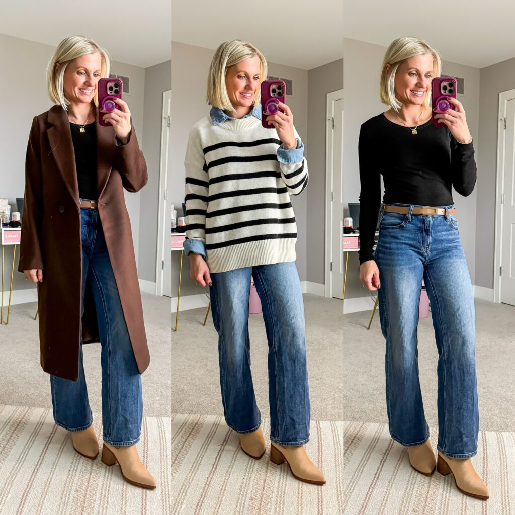 Mom Winter Capsule Wardrobe three outfit ideas with wide leg denim
