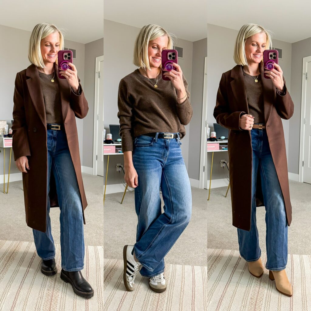Mom Winter Capsule Wardrobe three chocolate brown outfits for winter