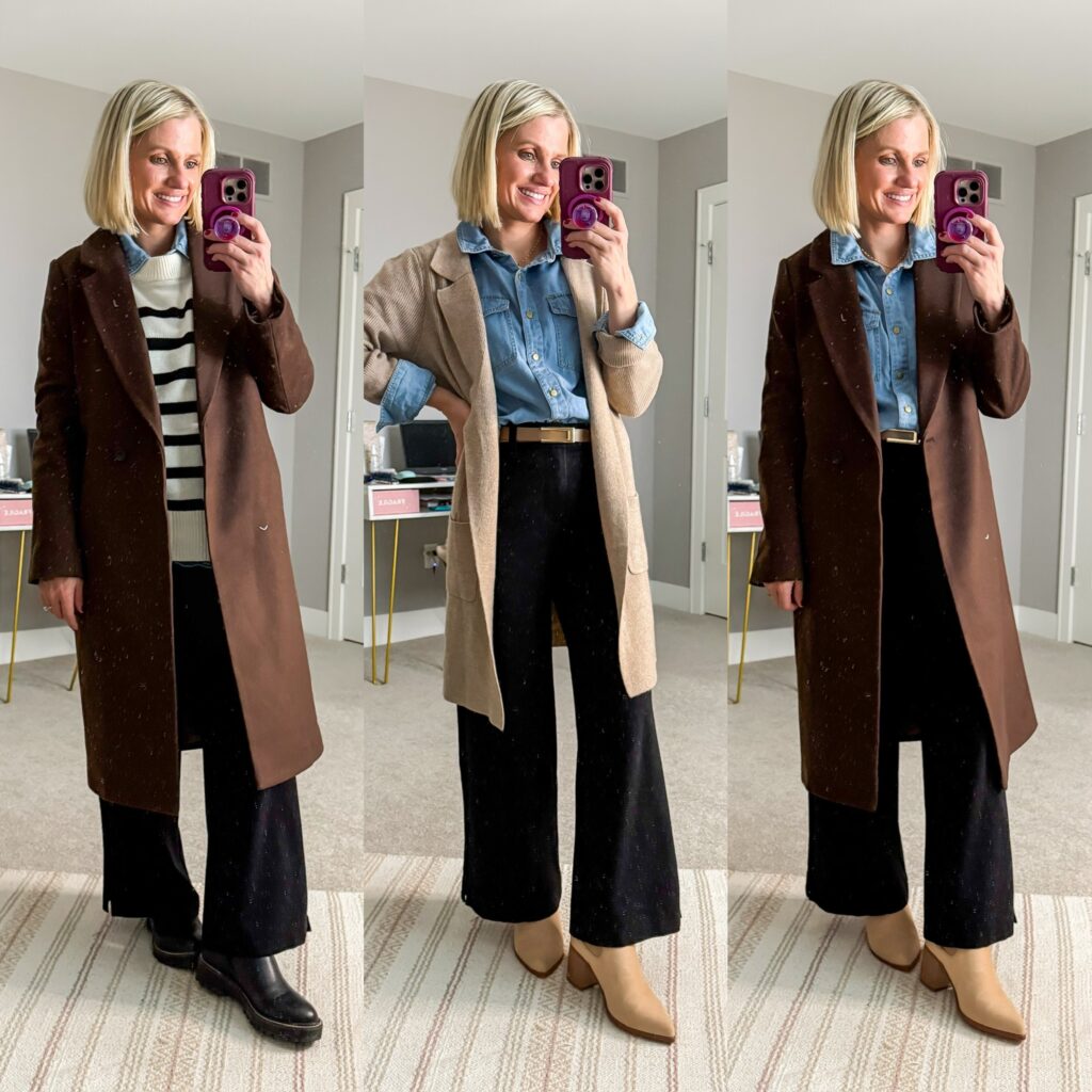Mom Winter Capsule Wardrobe three outfit ideas with oversized wool coats