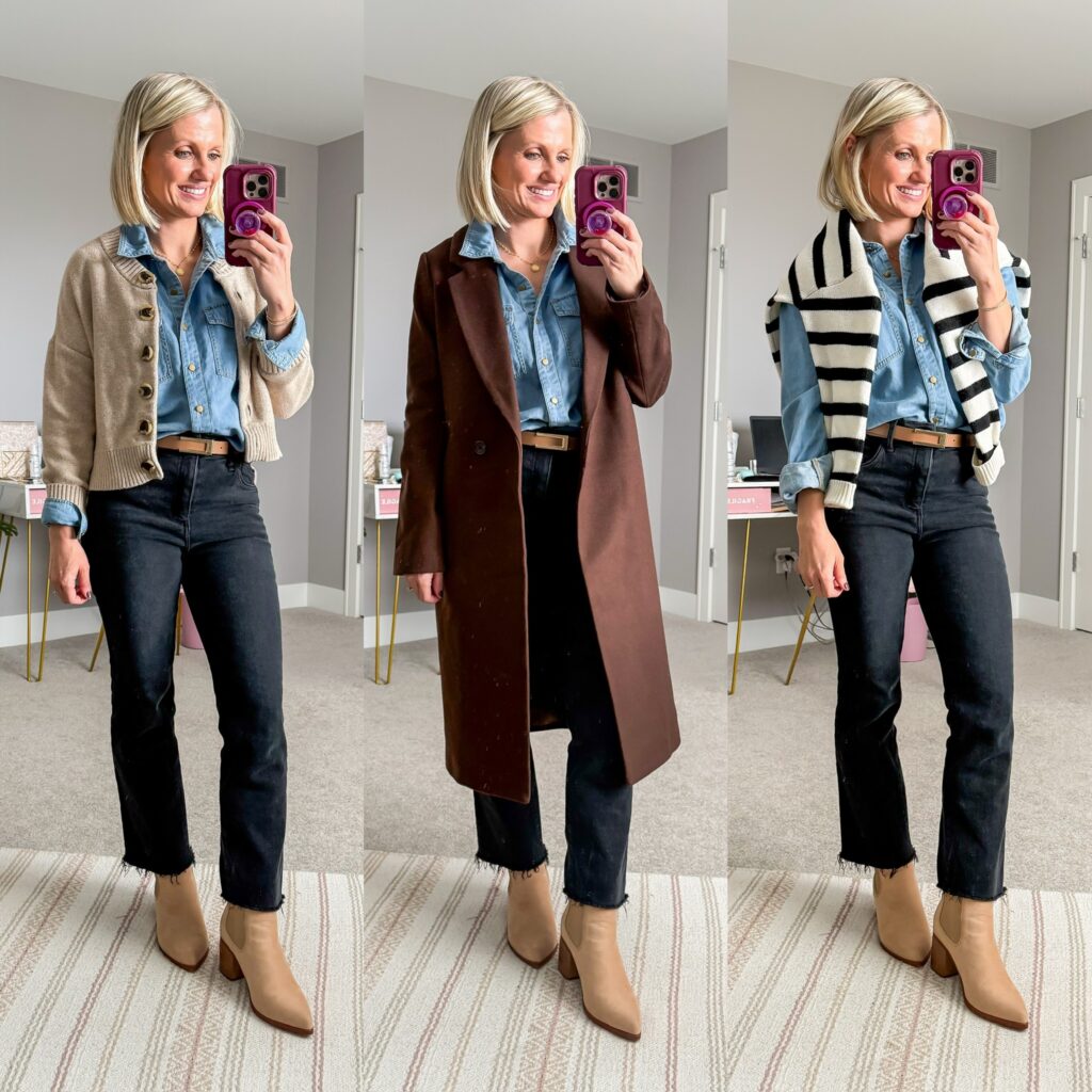 Mom Winter Capsule Wardrobe with chambray shirt