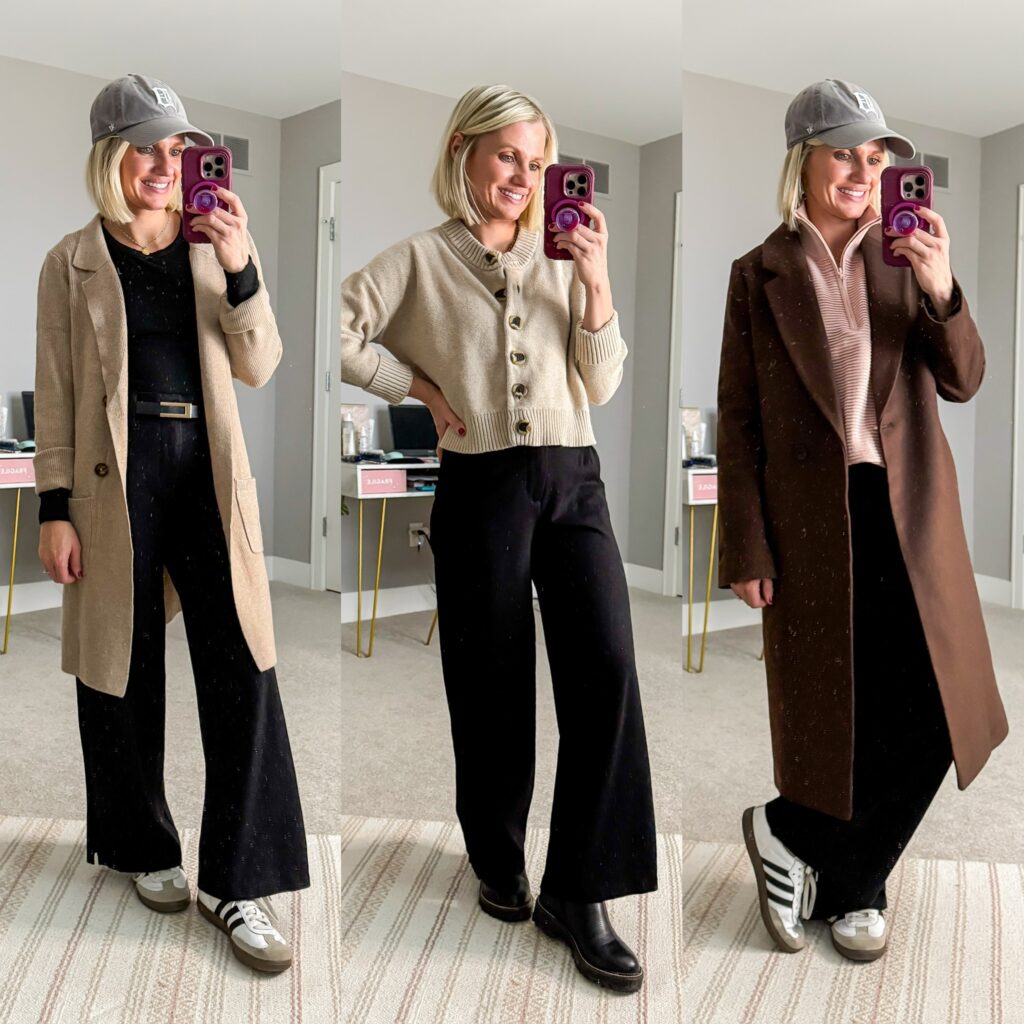 Mom Winter Capsule Wardrobe three outfit ideas with wide leg pants for moms
