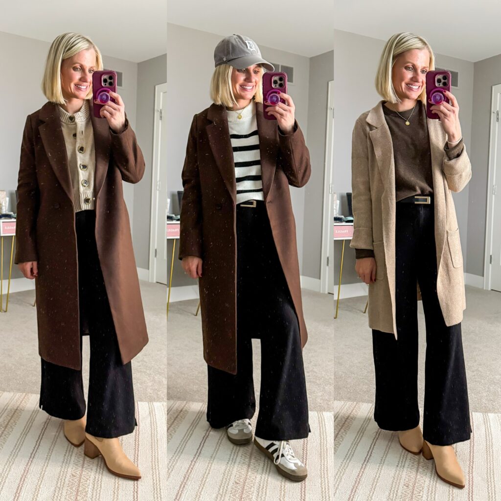 Mom Winter Capsule Wardrobe outfit ideas with black wide leg pants