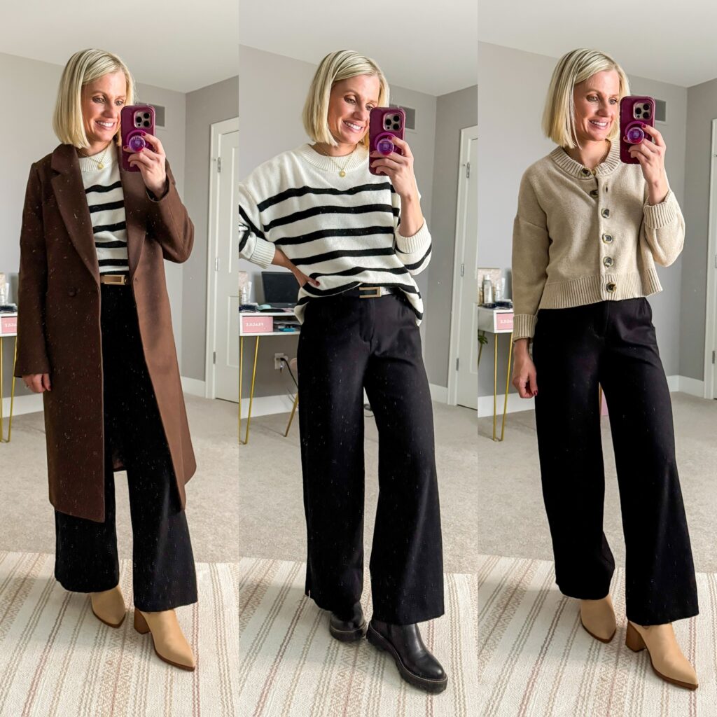 Mom Winter Capsule Wardrobe outfit ideas with wide leg black pants