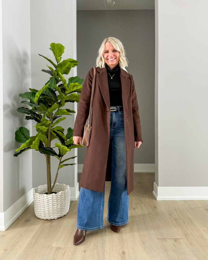 how to style sweatpant jeans with long coat and boots
