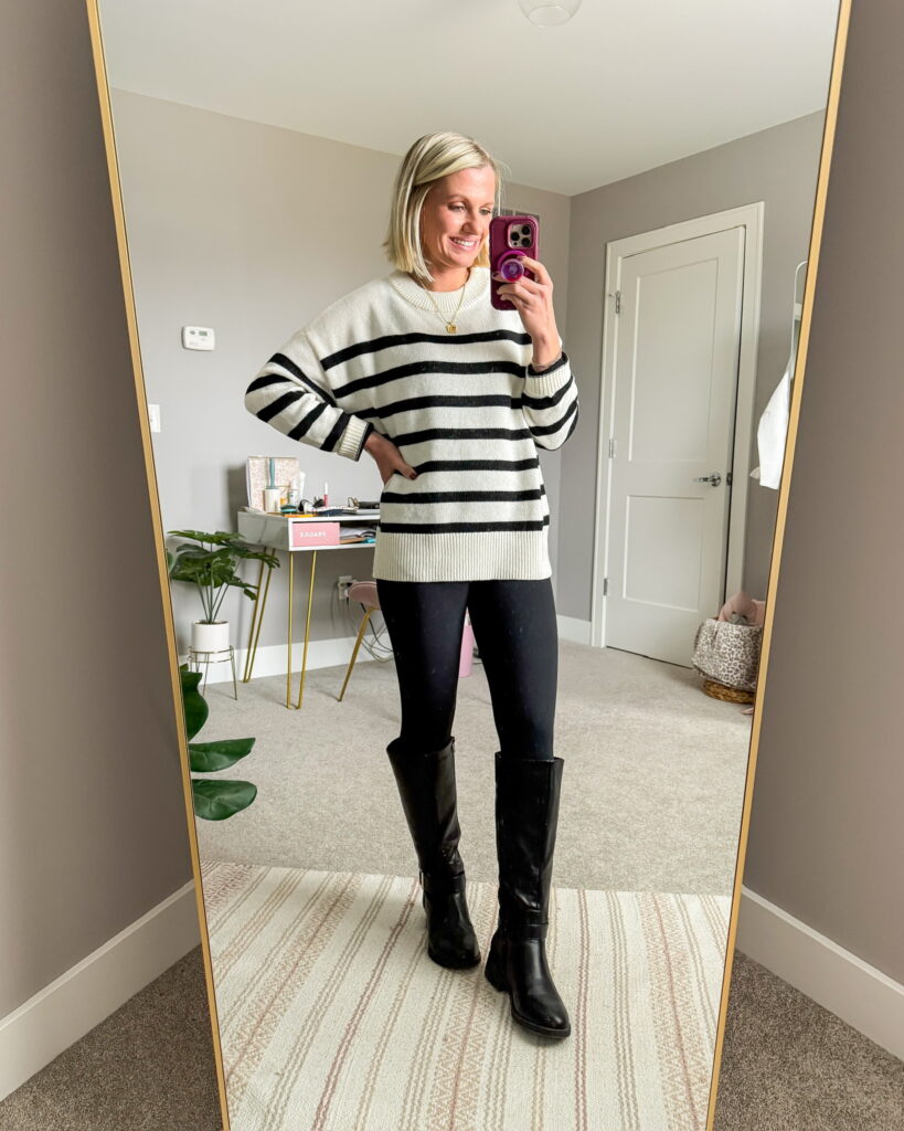 winter outfit idea for moms with striped sweater with black leggings