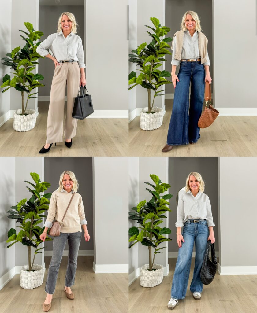 four outfits showing how to style a classic button down shirt