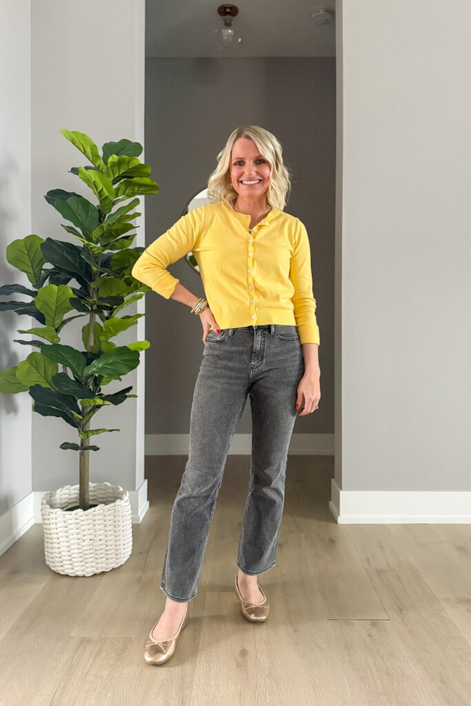 how to style grey jeans with a bright cardigan