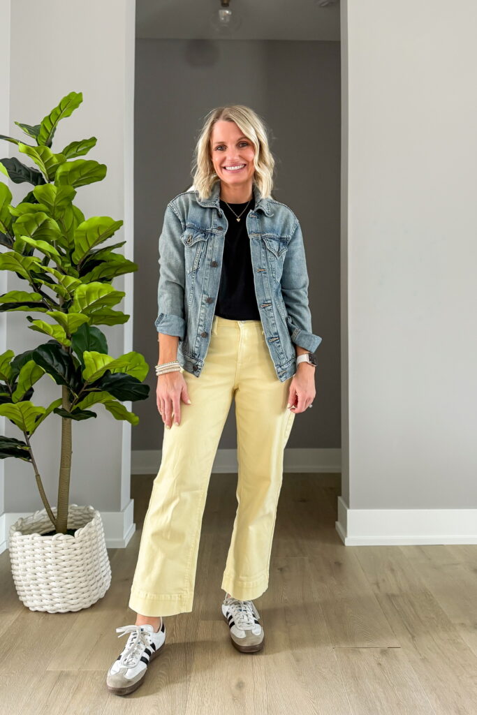 how to style yellow pants with a denim jacket