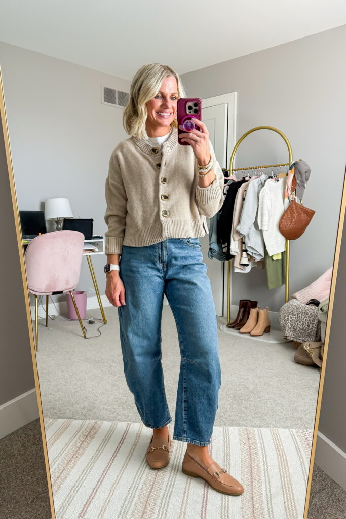 barrel jeans with cardigan outfit