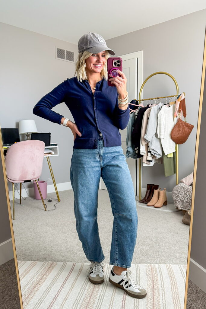 how to wear barrel jeans and a cardigan