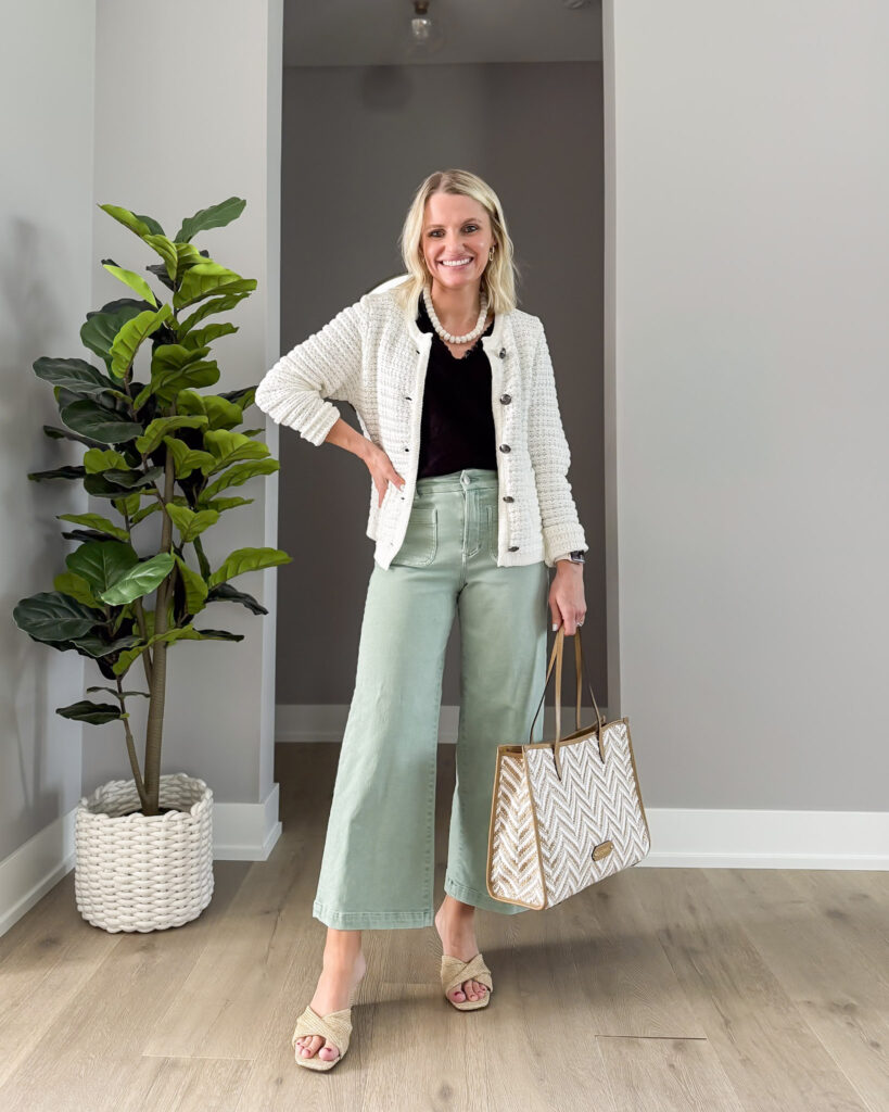 spring capsule wardrobe cropped green pants and cardigan