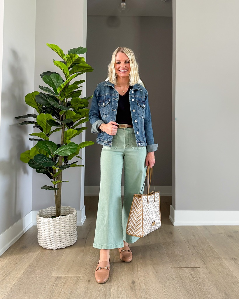 spring capsule wardrobe green cropped pants and denim jacket