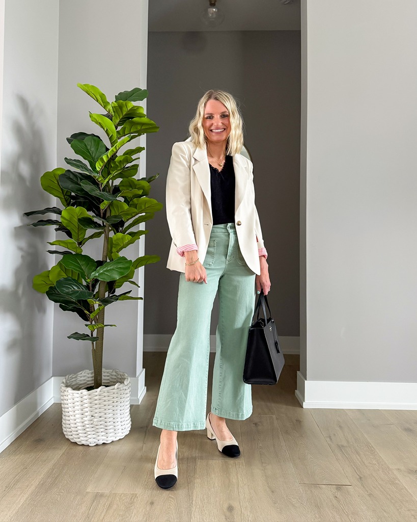spring capsule wardrobe green pants with blazer and black top