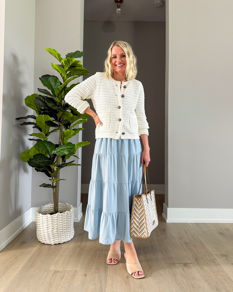spring maxi dress with cardigan and heels