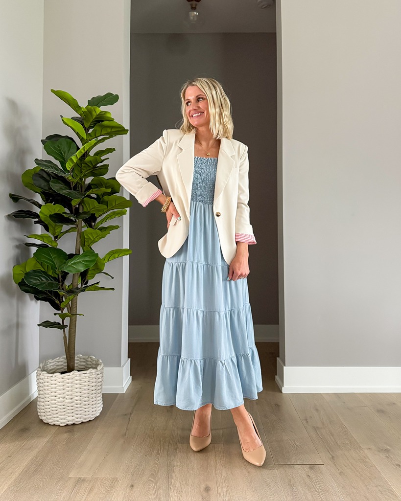 spring capsule wardrobe maxi dress with blazer and heels