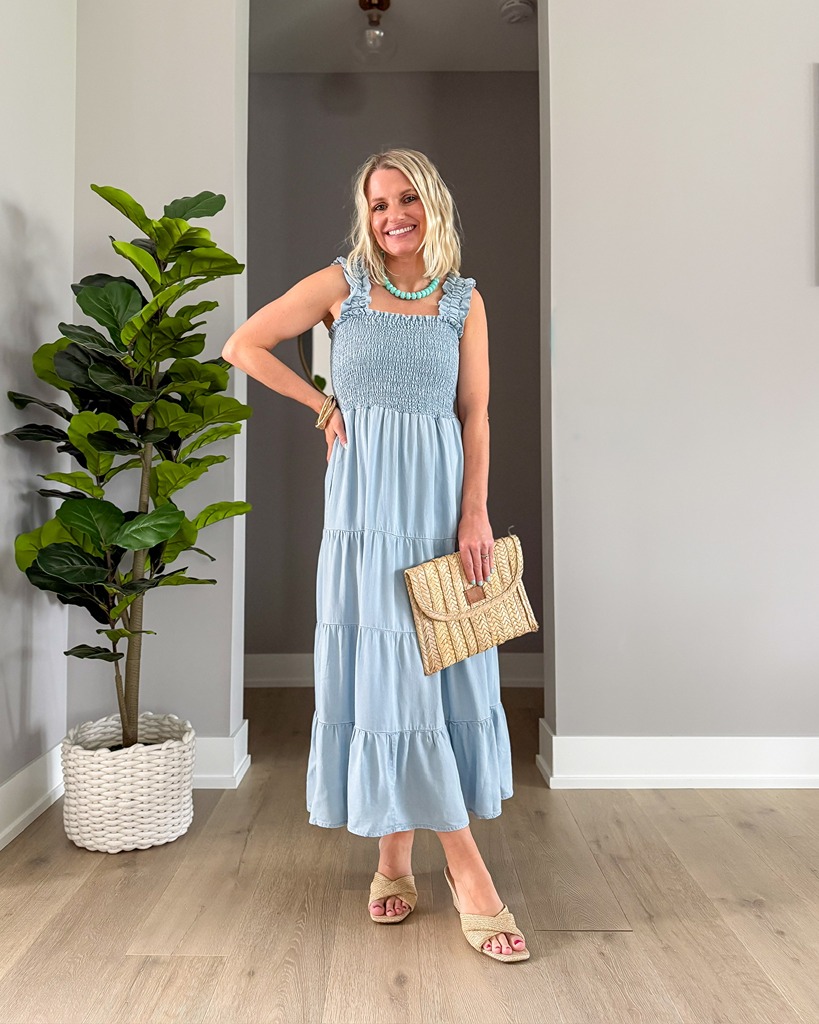 dear john capsule wardrobe linen maxi dress with rattan accessories