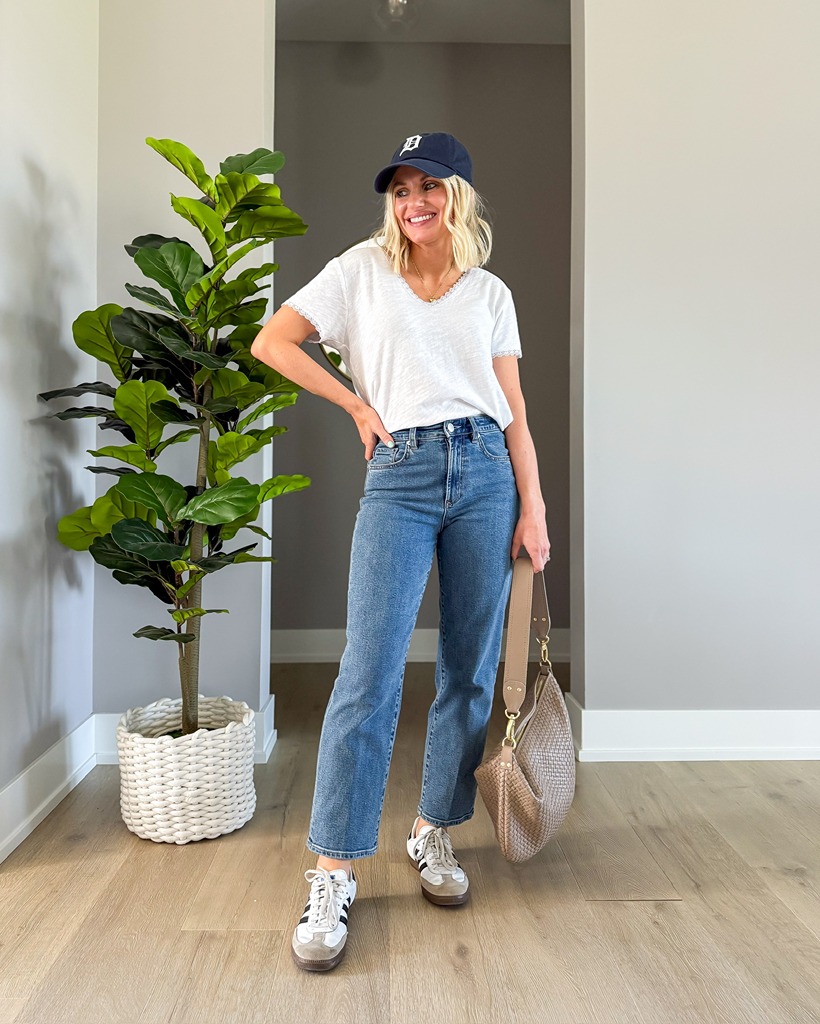 cropped denim, sambas and baseball cap outfit for spring