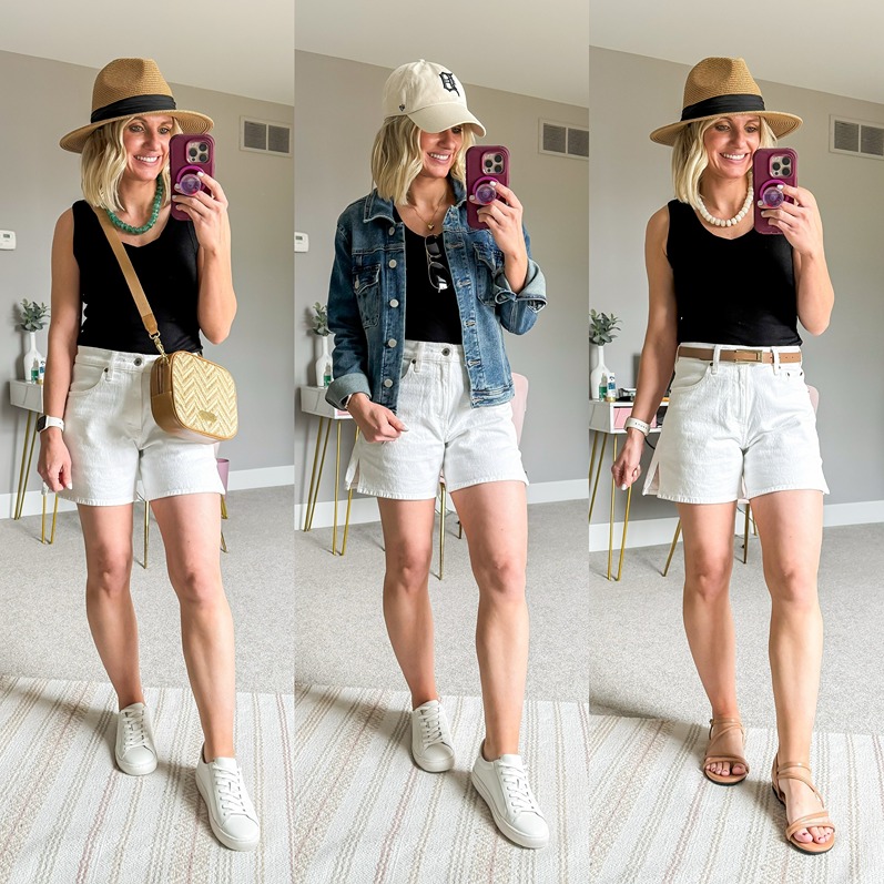 summer capsule wardrobe with white shorts and black tank